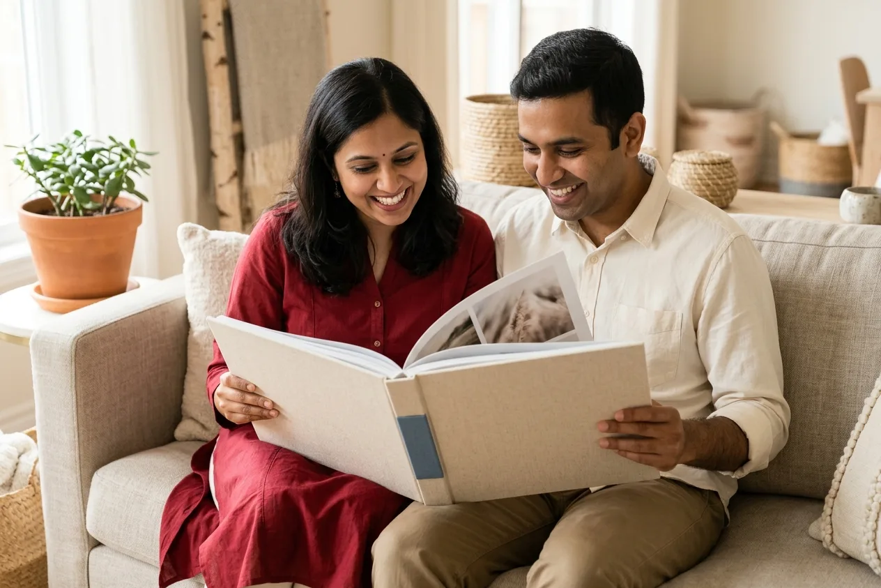 A couple at home looking through an open hardcover photo album together