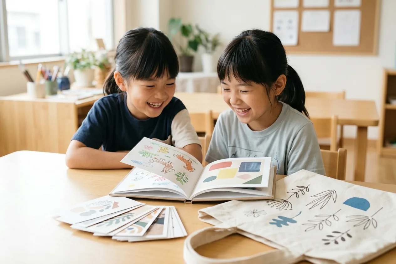 Children's hands reaching for personalised photo books, cards and a tote on a classroom table
