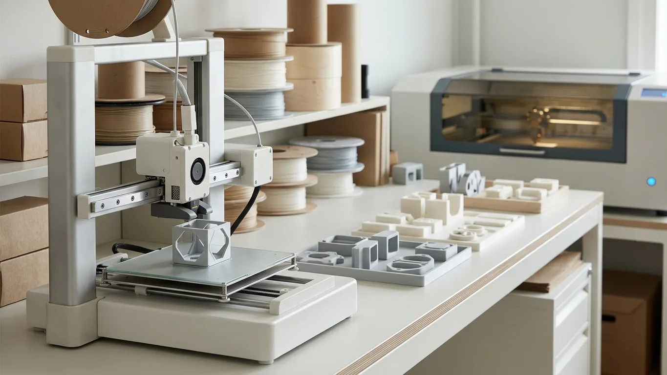A desktop 3D printer mid-print beside a tray of fabricated parts in a bright workshop