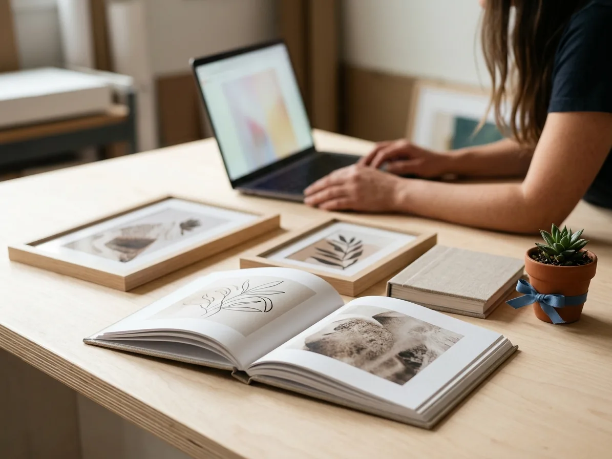 Finished personalised photo books and framed prints on a workshop bench