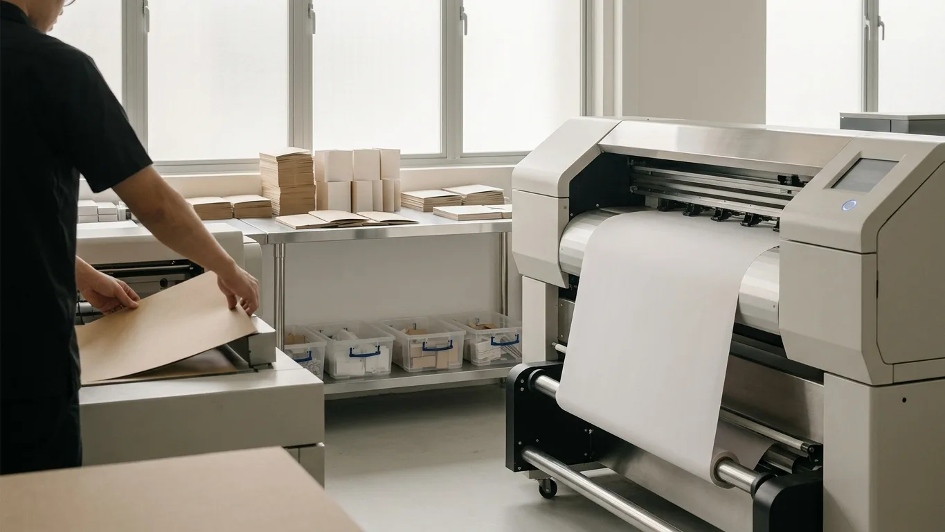 A calm digital production floor with a wide-format printer running mid-job
