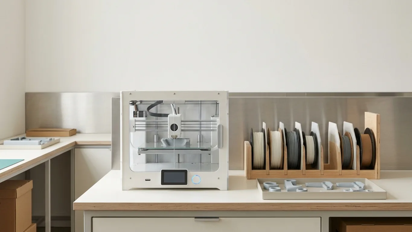小型微工廠單元：一台小型 3D 列印機、一排材料庫存與一盤完成的零件